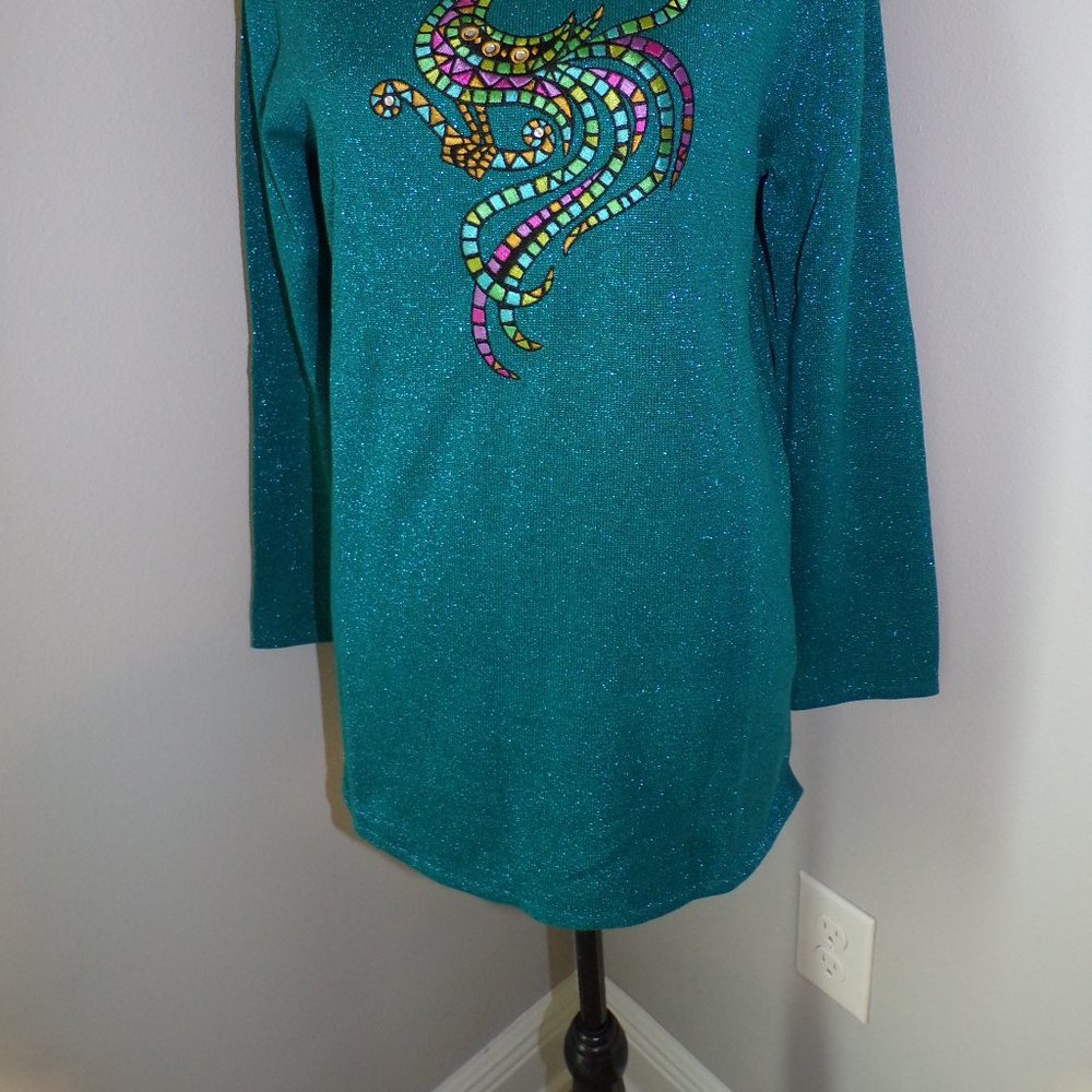 Bob Mackie Small 6/8 Teal Peacock Metallic Top - Picture 5 of 5